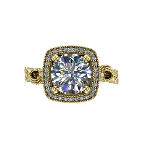 Phoenix round vintage halo engagement ring in 14K Yellow Gold, top-down view showing the round center diamond framed by the milgrain cushion halo