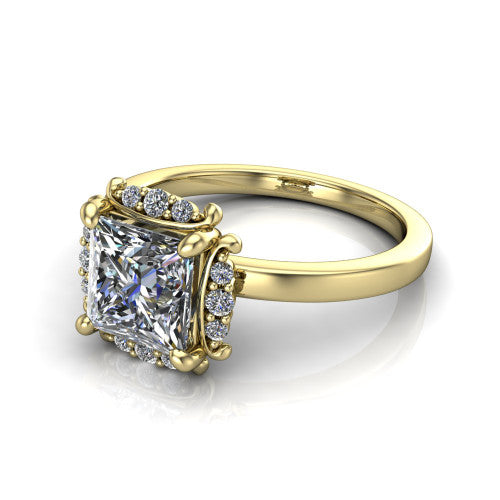 Mckenna princess-cut halo engagement ring in 14K Yellow Gold, three-quarter perspective showing the princess-cut center diamond, diamond halo, and polished band