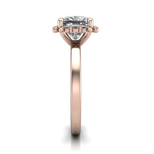 Mckenna cushion-cut halo engagement ring in 14K Rose Gold, side profile showing the halo and smooth polished band