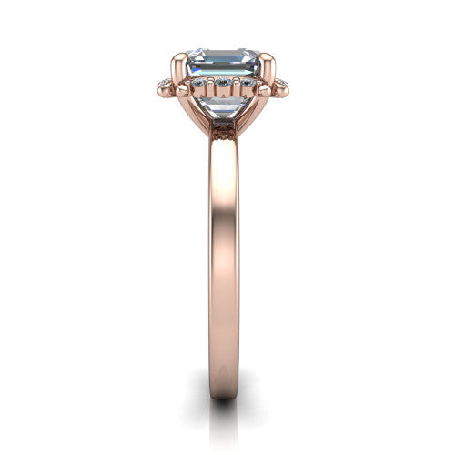 Mckenna square emerald-cut halo engagement ring in 14K Rose Gold, side profile showing the halo and smooth polished band