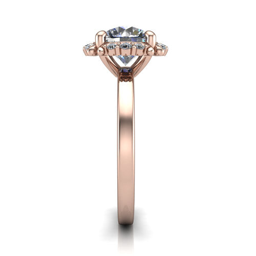 Mckenna round halo engagement ring in 18K Rose Gold, side profile showing the halo and smooth polished band