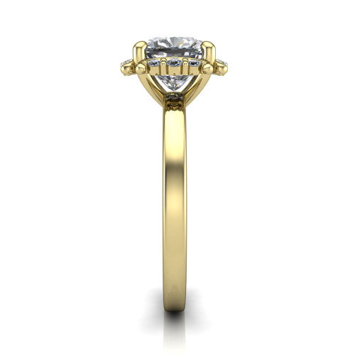Mckenna cushion-cut halo engagement ring in 14K Yellow Gold, side profile showing the halo and smooth polished band