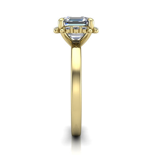 Mckenna square emerald-cut halo engagement ring in 14K Yellow Gold, side profile showing the halo and smooth polished band