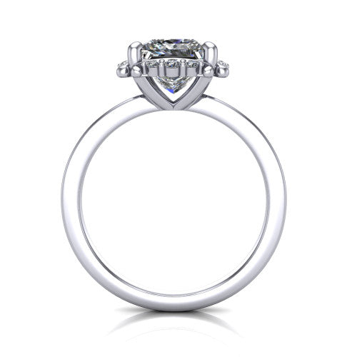 Mckenna princess-cut halo engagement ring in 18K White Gold, through-finger front profile showing the halo and double-claw prongs