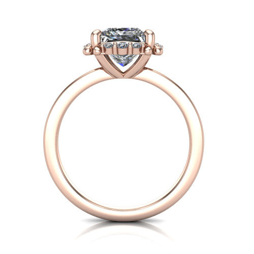 Mckenna princess-cut halo engagement ring in 14K Rose Gold, through-finger front profile showing the halo and double-claw prongs