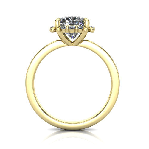 Mckenna cushion-cut halo engagement ring in 18K Yellow Gold, through-finger front profile showing the halo and double-claw prongs