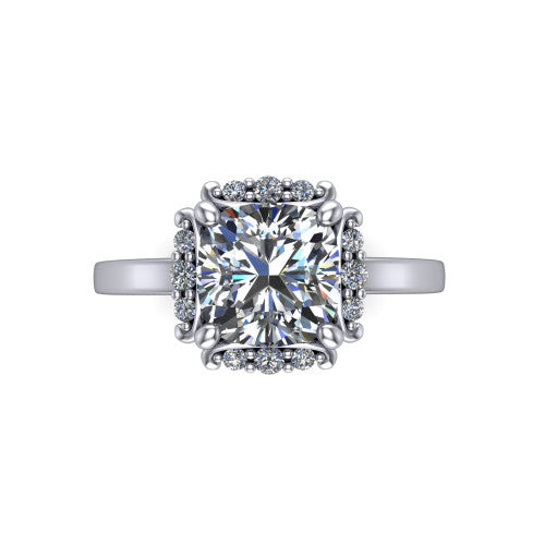 Mckenna cushion-cut halo engagement ring in 14K White Gold, top-down view showing the cushion-cut center diamond framed by the diamond halo