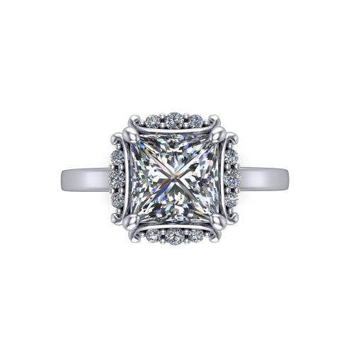 Mckenna princess-cut halo engagement ring in 14K White Gold, top-down view showing the princess-cut center diamond framed by the diamond halo