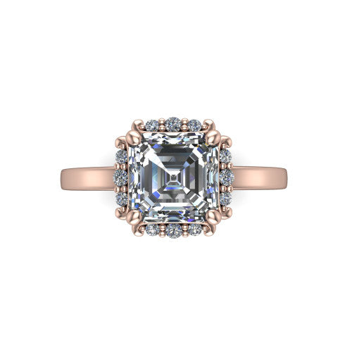 Mckenna square emerald-cut halo engagement ring in 18K Rose Gold, top-down view showing the square emerald-cut center diamond framed by the diamond halo