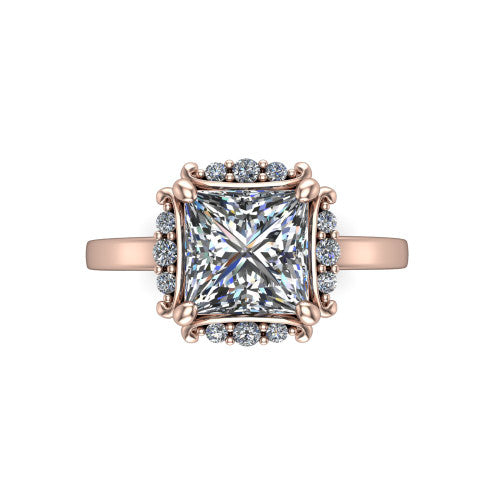 Mckenna princess-cut halo engagement ring in 18K Rose Gold, top-down view showing the princess-cut center diamond framed by the diamond halo
