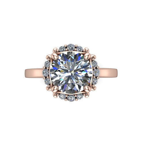 Mckenna round halo engagement ring in 18K Rose Gold, top-down view showing the round center diamond framed by the diamond halo