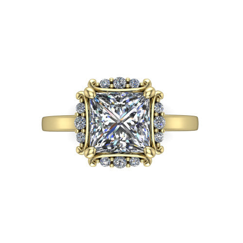 Mckenna princess-cut halo engagement ring in 14K Yellow Gold, top-down view showing the princess-cut center diamond framed by the diamond halo