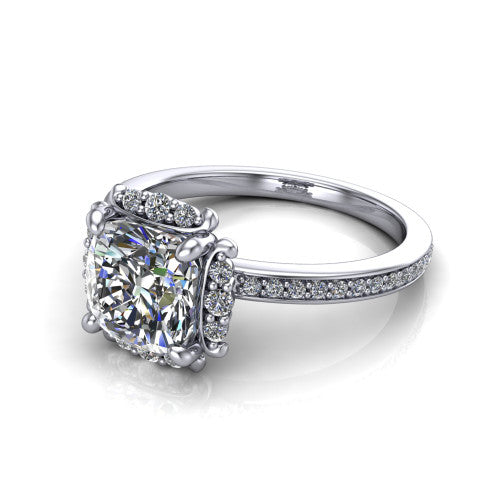 Haven cushion-cut halo engagement ring in 18K White Gold, three-quarter perspective showing the cushion-cut center diamond, pavé halo, and pavé band