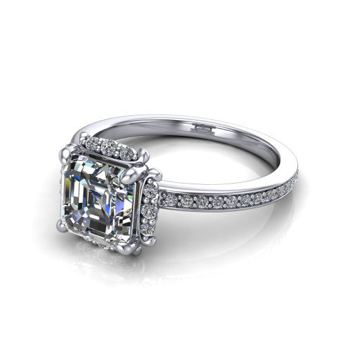 Haven square emerald-cut halo engagement ring in 14K White Gold, three-quarter perspective showing the square emerald-cut center diamond, pavé halo, and pavé band