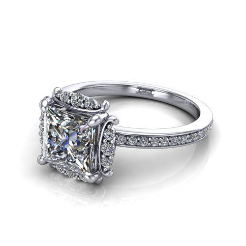 Haven princess-cut halo engagement ring in Platinum, three-quarter perspective showing the princess-cut center diamond, pavé halo, and pavé band