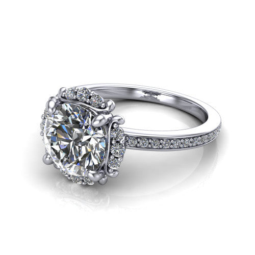 Haven round halo engagement ring in 18K White Gold, three-quarter perspective showing the round center diamond, pavé halo, and pavé band