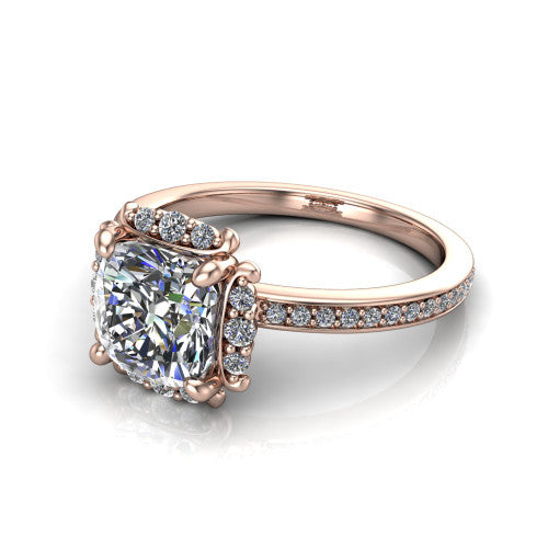 Haven cushion-cut halo engagement ring in 14K Rose Gold, three-quarter perspective showing the cushion-cut center diamond, pavé halo, and pavé band