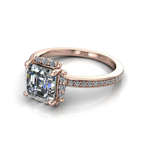 Haven square emerald-cut halo engagement ring in 18K Rose Gold, three-quarter perspective showing the square emerald-cut center diamond, pavé halo, and pavé band