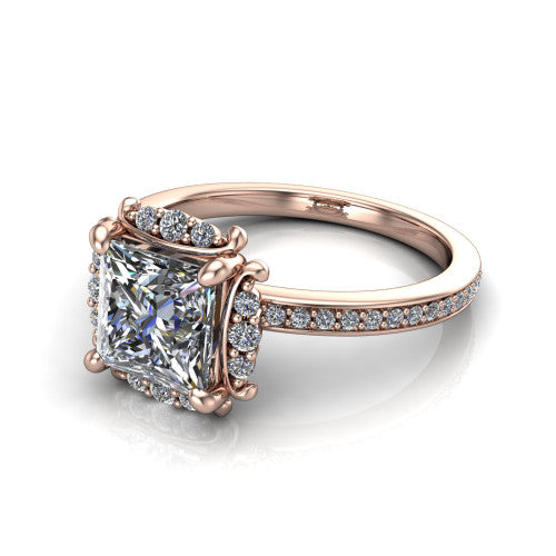 Haven princess-cut halo engagement ring in 14K Rose Gold, three-quarter perspective showing the princess-cut center diamond, pavé halo, and pavé band