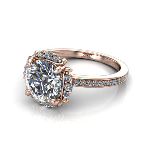 Haven round halo engagement ring in 14K Rose Gold, three-quarter perspective showing the round center diamond, pavé halo, and pavé band