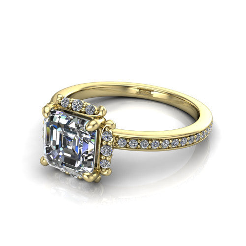 Haven square emerald-cut halo engagement ring in 18K Yellow Gold, three-quarter perspective showing the square emerald-cut center diamond, pavé halo, and pavé band