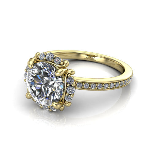 Haven round halo engagement ring in 14K Yellow Gold, three-quarter perspective showing the round center diamond, pavé halo, and pavé band