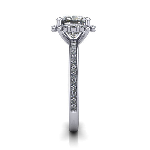 Haven cushion-cut halo engagement ring in 14K White Gold, side profile showing the pavé halo and pavé band