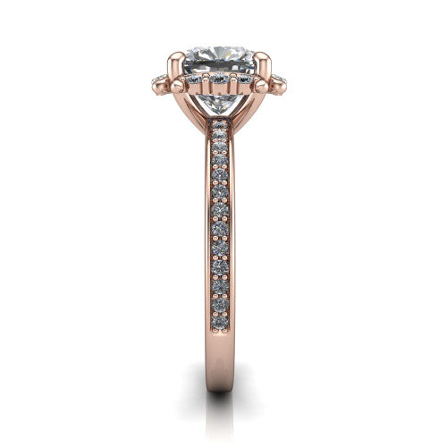 Haven cushion-cut halo engagement ring in 18K Rose Gold, side profile showing the pavé halo and pavé band