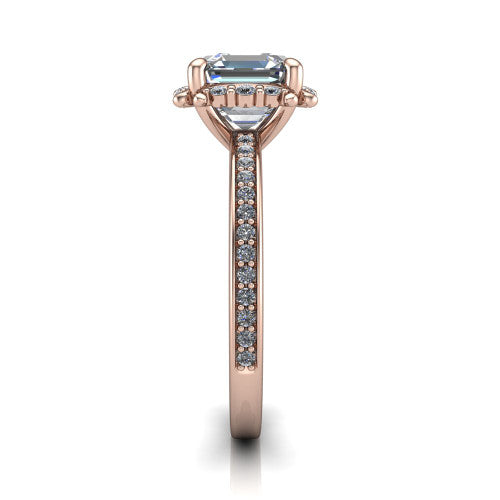 Haven square emerald-cut halo engagement ring in 14K Rose Gold, side profile showing the pavé halo and pavé band