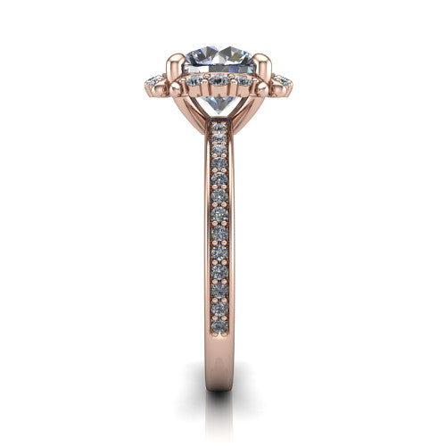 Haven round halo engagement ring in 14K Rose Gold, side profile showing the pavé halo and pavé band