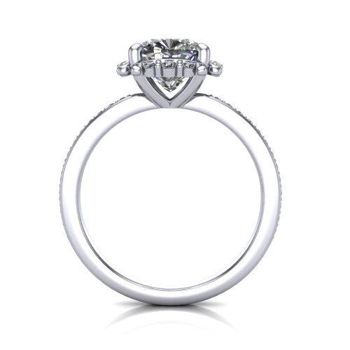 Haven cushion-cut halo engagement ring in 18K White Gold, through-finger front profile showing the pavé halo and band