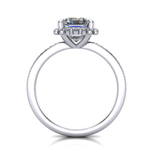 Haven square emerald-cut halo engagement ring in Platinum, through-finger front profile showing the pavé halo and band