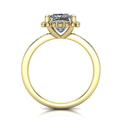 Haven round halo engagement ring in 18K Yellow Gold, through-finger front profile showing the pavé halo and band