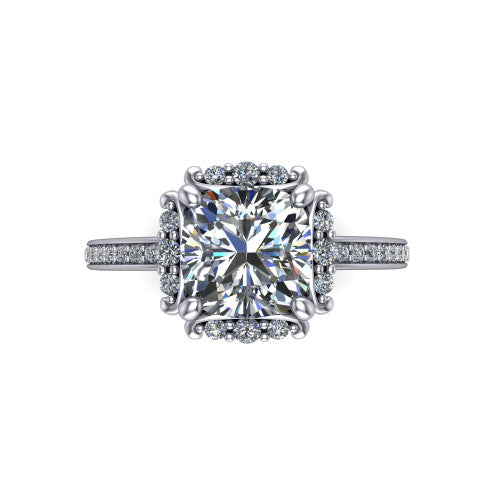Haven cushion-cut halo engagement ring in 14K White Gold, top-down view showing the cushion-cut center diamond framed by the pavé halo