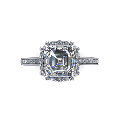 Haven square emerald-cut halo engagement ring in 18K White Gold, top-down view showing the square emerald-cut center diamond framed by the pavé halo