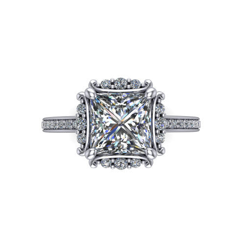Haven princess-cut halo engagement ring in 14K White Gold, top-down view showing the princess-cut center diamond framed by the pavé halo