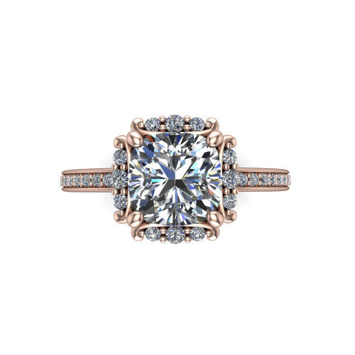Haven cushion-cut halo engagement ring in 14K Rose Gold, top-down view showing the cushion-cut center diamond framed by the pavé halo