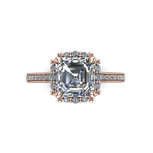 Haven square emerald-cut halo engagement ring in 14K Rose Gold, top-down view showing the square emerald-cut center diamond framed by the pavé halo