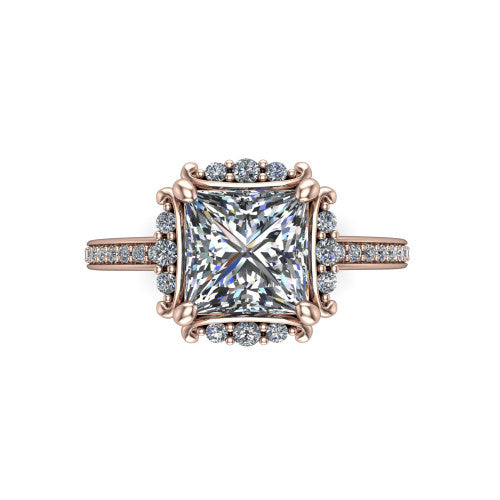 Haven princess-cut halo engagement ring in 14K Rose Gold, top-down view showing the princess-cut center diamond framed by the pavé halo