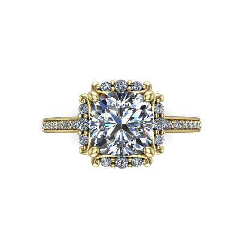 Haven cushion-cut halo engagement ring in 14K Yellow Gold, top-down view showing the cushion-cut center diamond framed by the pavé halo