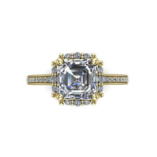 Haven square emerald-cut halo engagement ring in 14K Yellow Gold, top-down view showing the square emerald-cut center diamond framed by the pavé halo