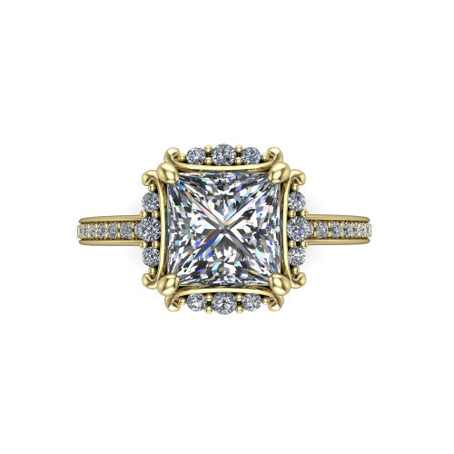 Haven princess-cut halo engagement ring in 14K Yellow Gold, top-down view showing the princess-cut center diamond framed by the pavé halo