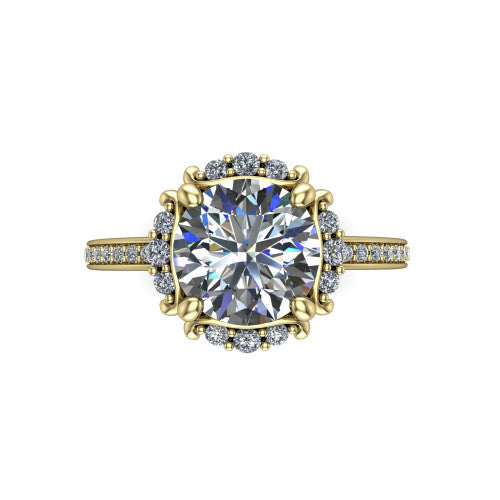 Haven round halo engagement ring in 14K Yellow Gold, top-down view showing the round center diamond framed by the pavé halo