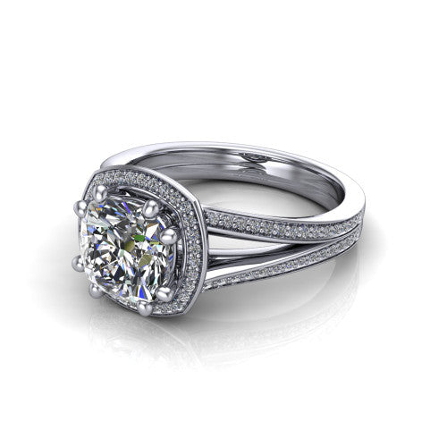 Lyra cushion halo engagement ring in 14K White Gold, three-quarter perspective showing the brilliant cushion-cut center diamond inside a squared pave halo on a pave split shank