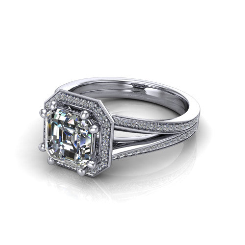 Lyra square emerald halo engagement ring in 14K White Gold, three-quarter perspective showing the step-cut square emerald center diamond inside a squared pave halo on a pave split shank