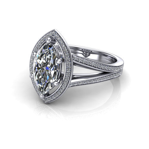 Lyra marquise halo engagement ring in 18K White Gold, three-quarter perspective showing the brilliant marquise center diamond inside a squared pave halo on a pave split shank