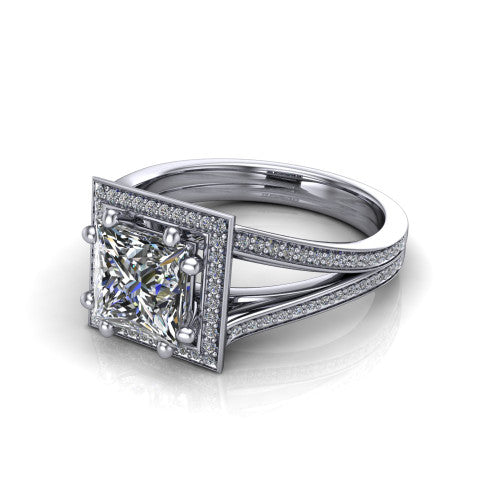 Lyra princess halo engagement ring in 18K White Gold, three-quarter perspective showing the brilliant princess-cut center diamond inside a squared pave halo on a pave split shank