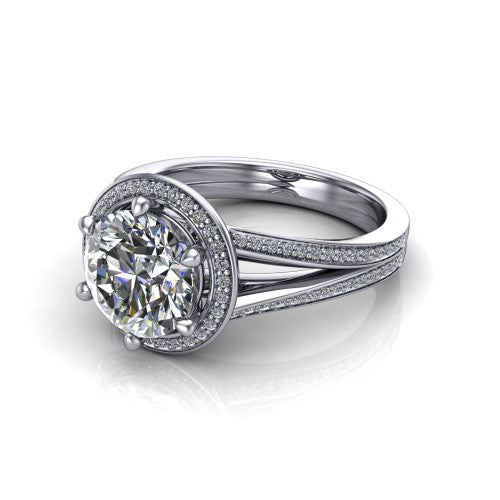 Lyra round halo engagement ring in 14K White Gold, three-quarter perspective showing the brilliant round center diamond inside a squared pave halo on a pave split shank