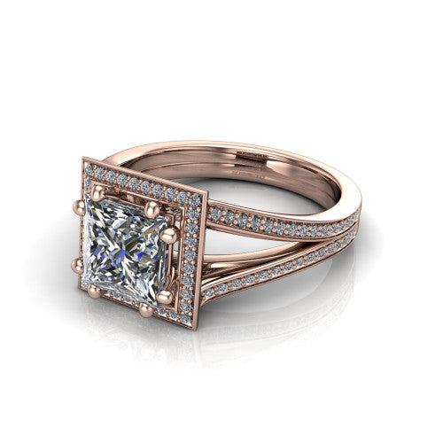 Lyra princess halo engagement ring in 18K Rose Gold, three-quarter perspective showing the brilliant princess-cut center diamond inside a squared pave halo on a pave split shank