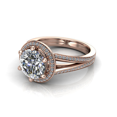 Lyra round halo engagement ring in 14K Rose Gold, three-quarter perspective showing the brilliant round center diamond inside a squared pave halo on a pave split shank